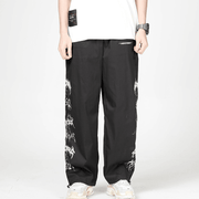 Japanese Street Print Straight Trousers Men'S Drawstring Elastic Waist Drawstring Wide-Leg Pants - MRSLM