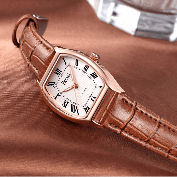 PREMA Fashion Casual Roman Numeral PU Leather Band Women Quartz Watch Wristwatch - MRSLM