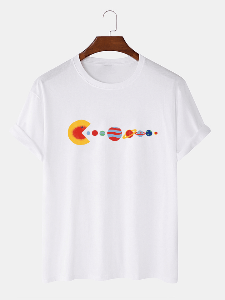 100% Cotton Funny Planet Print Crew Neck Short Sleeve Loose T-Shirts - MRSLM