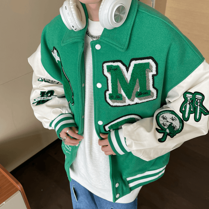 Contrasting Design Letter Embroidery Woolen Jacket Men - MRSLM