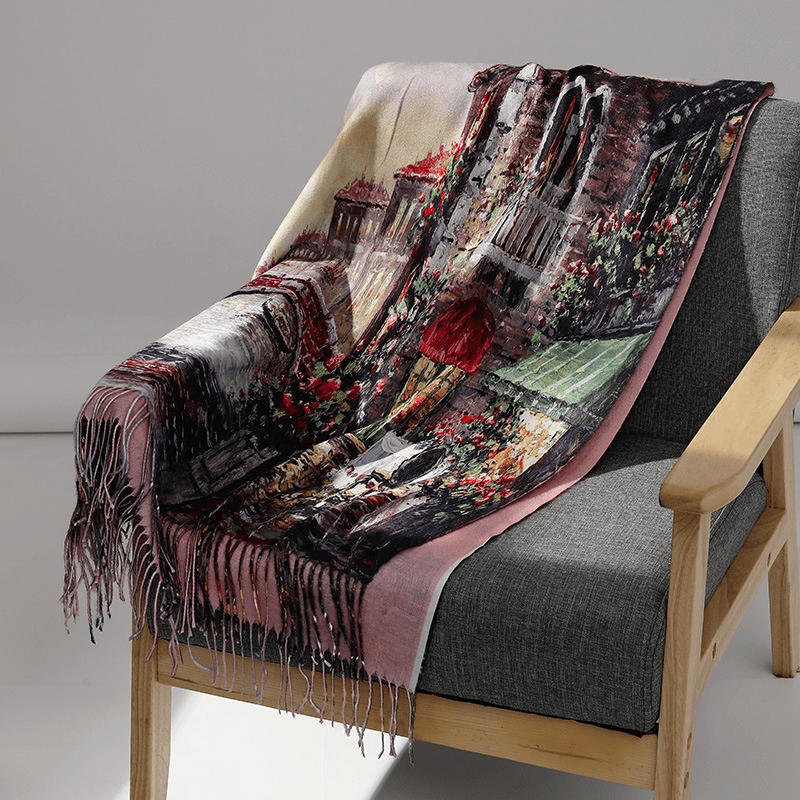 fringed long cashmere scarf with oil painting print, view 4 - MRSLM