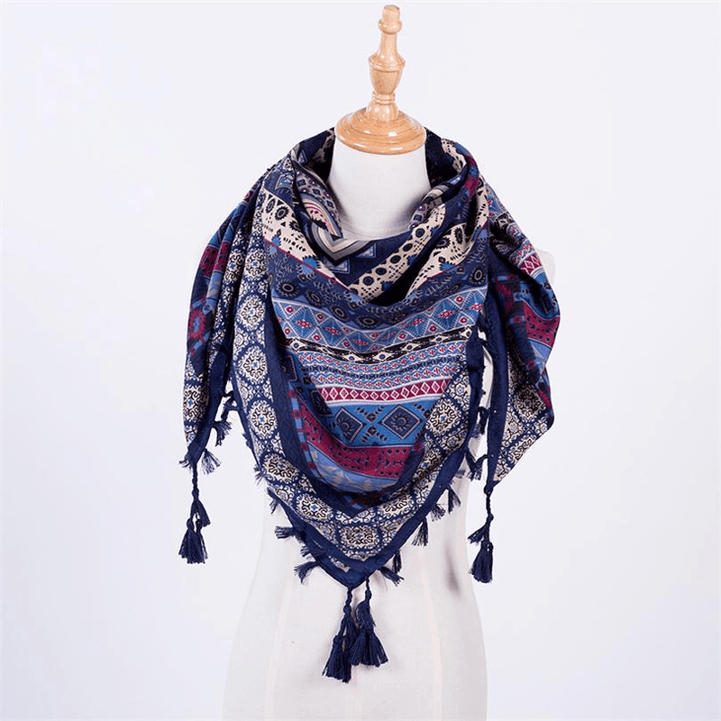 ethnic style fringed square scarf, view 4 - MRSLM