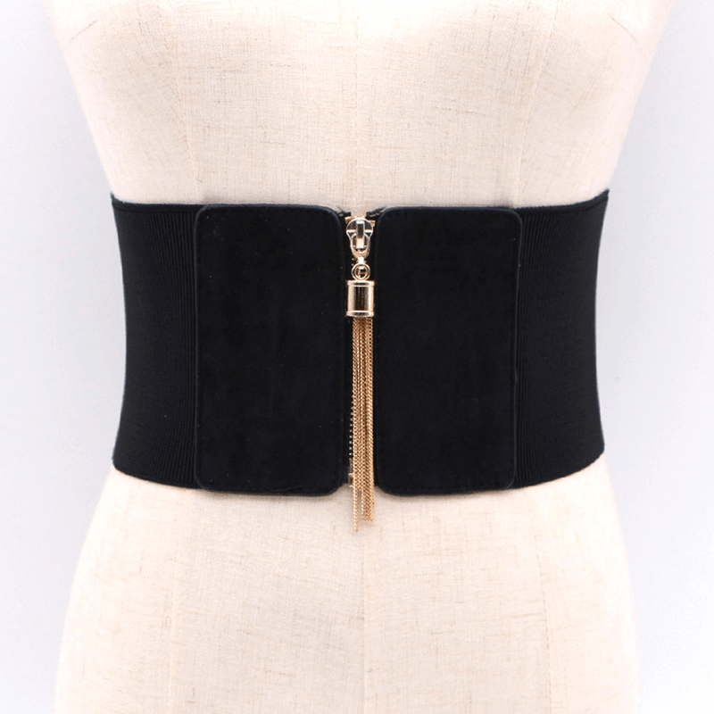women's wide black elastic woven waist belt, view 4 - MRSLM