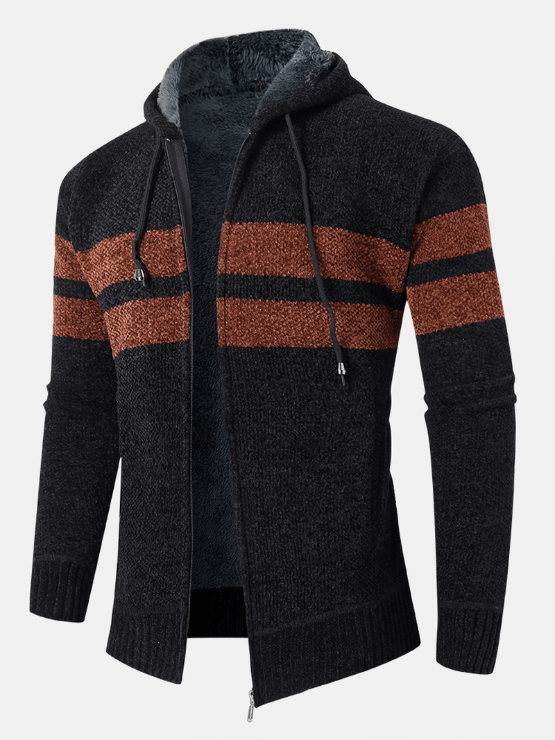 Mens Colorblock Knitted Zipper Warm Hooded Sweater Cardigans - MRSLM