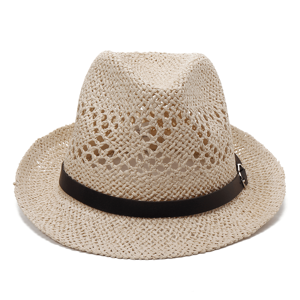 Men Women Personalized Handmade Straw Jazz Hat Outdoor Travel Beach Breathable Mesh Hollow Sun Cap - MRSLM