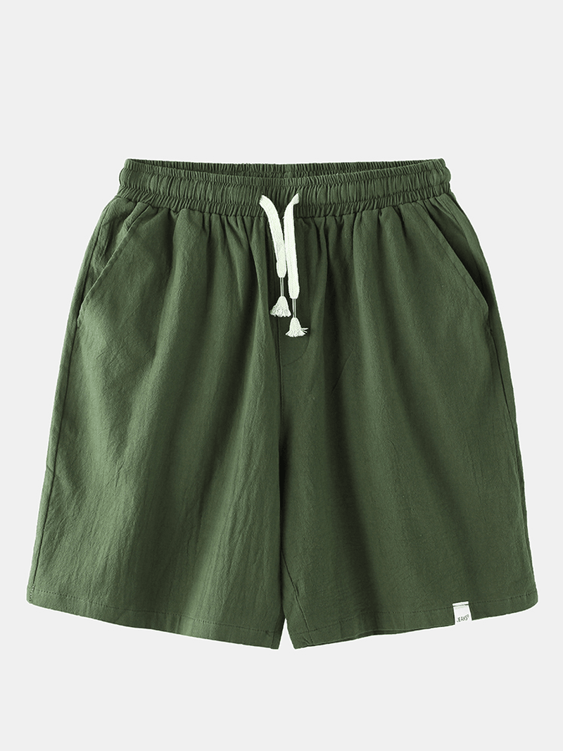 Mens Casual Flax Breathable Drawstring Solid Color Shorts - MRSLM