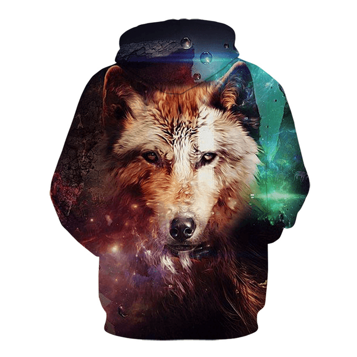 3D Colorful Wolf Print Hooded Pocket Sweatshirt - MRSLM