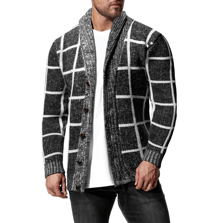 Men'S Winter Color Matching Plaid Cardigan Sweater - MRSLM