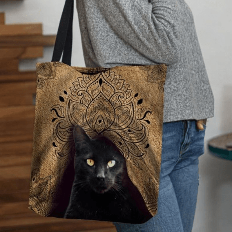 Women Canvas Cute Black Cat Pattern Handbag Tote Shoulder Bag - MRSLM