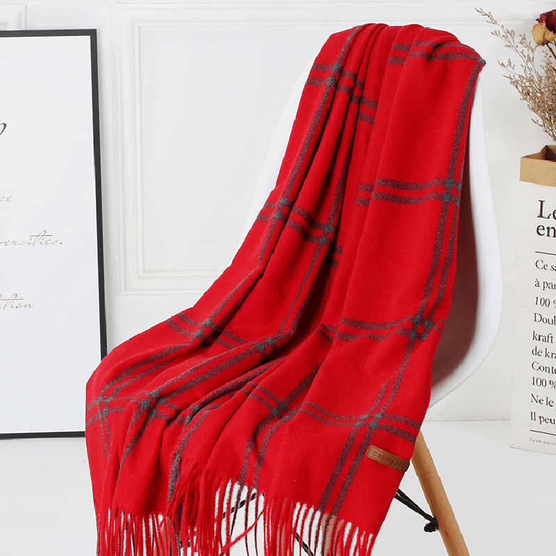 women's plaid wool tassel scarf, view 12 - MRSLM