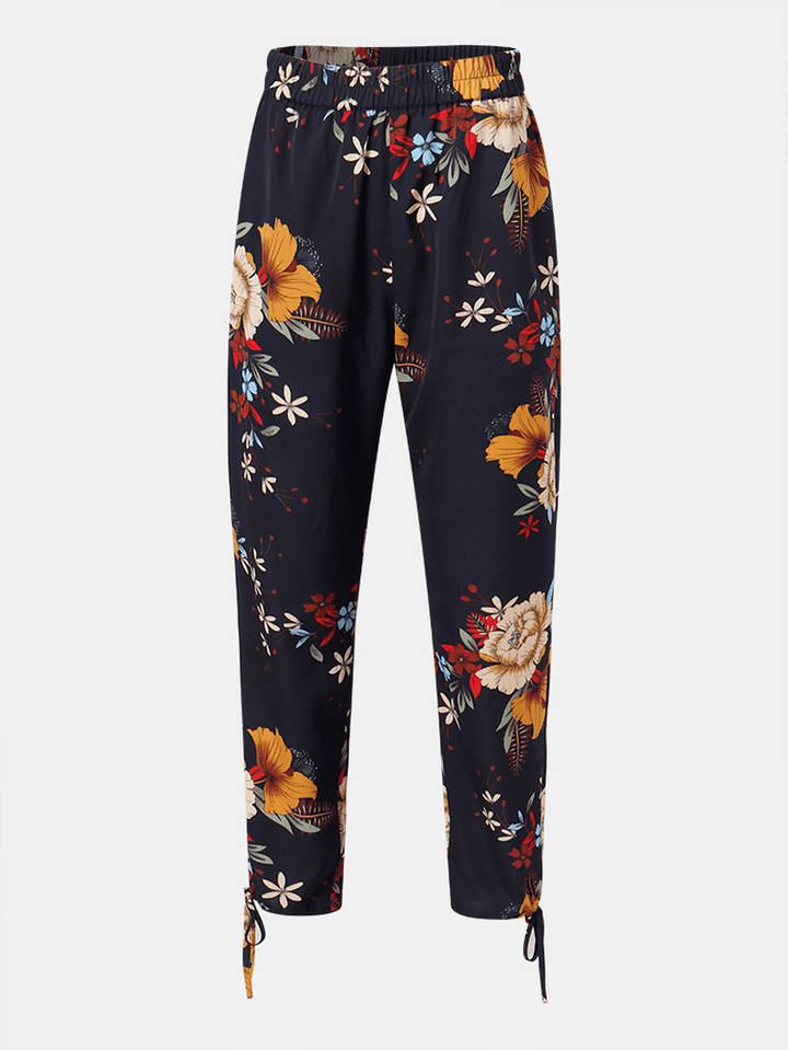 Women Floral Print Bohemian Tie Cuff Pants with Pocket - MRSLM