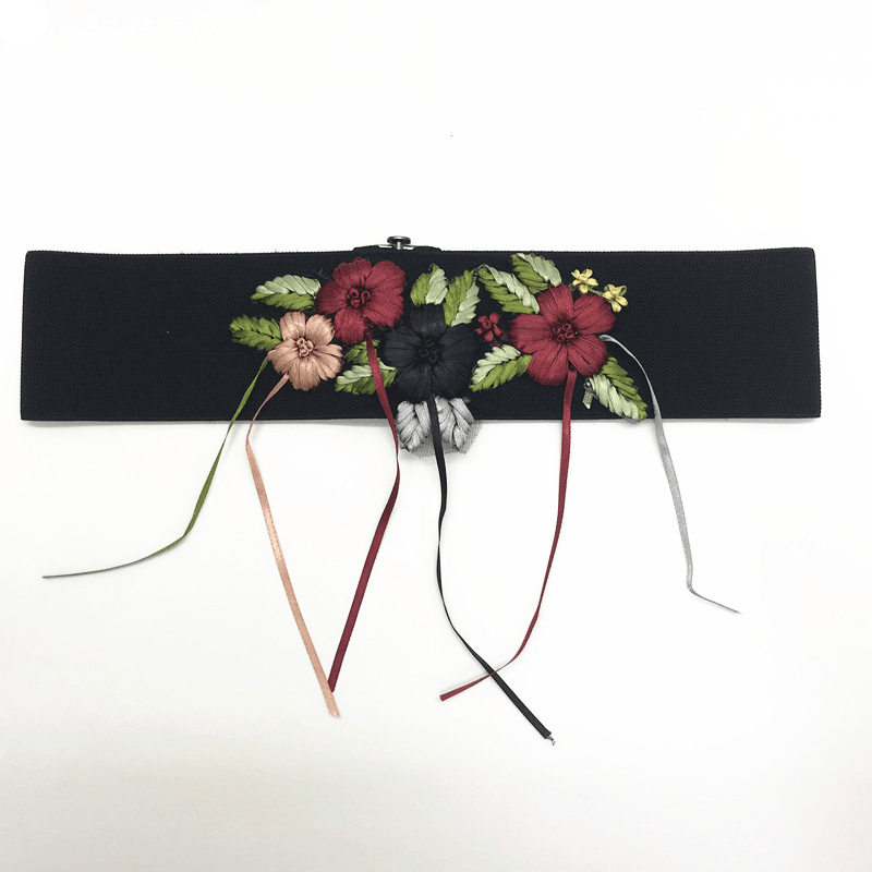 embroidered women's waist belt with flower buckle - MRSLM