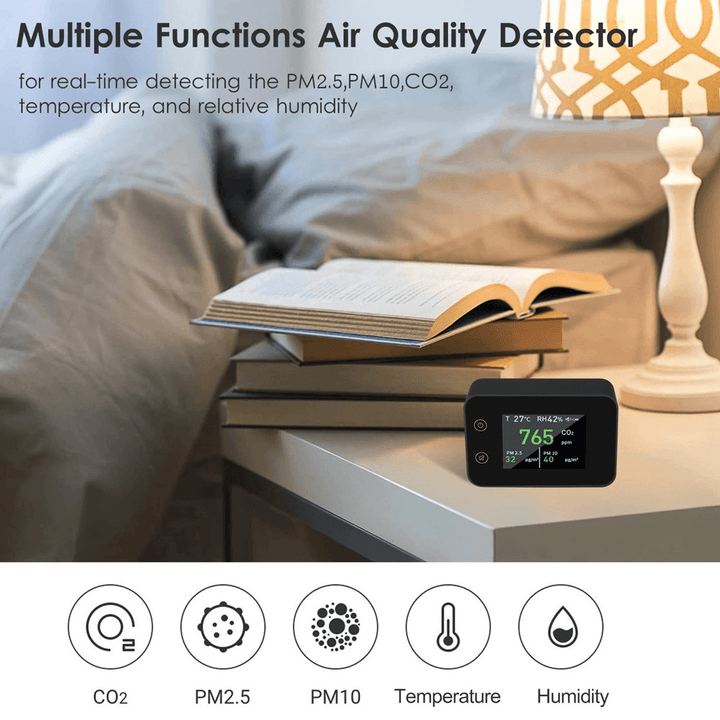 2.8-Inch Multifunctional Detector CO2 PM2.5 PM10 Temperature Humidity Meter Touch Control Household Air Quality Analyzer Temperature Humidity Monitor Tester - MRSLM
