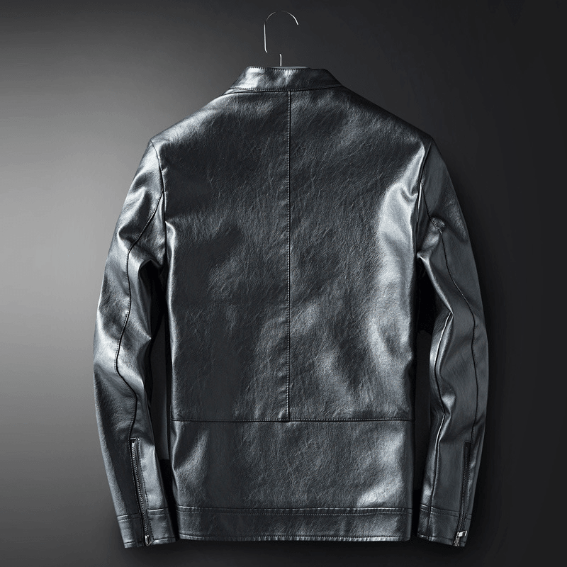Men's warm slim PU leather jacket, view 3 - MRSLM