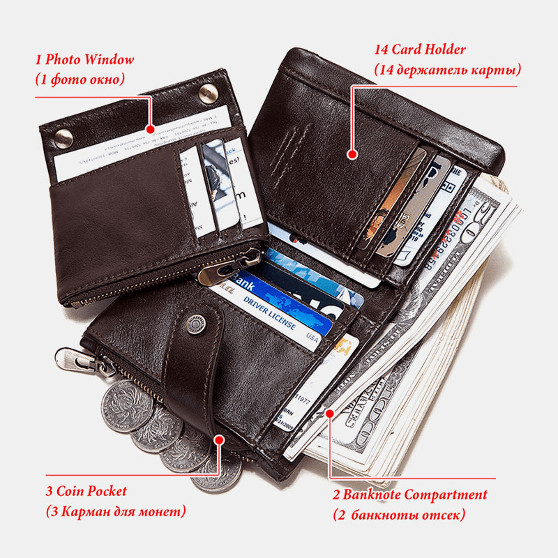 Men Genuine Leather Cowhide RFID Anti-Theft Retro Zipper with Chain Card Holder Wallet - MRSLM
