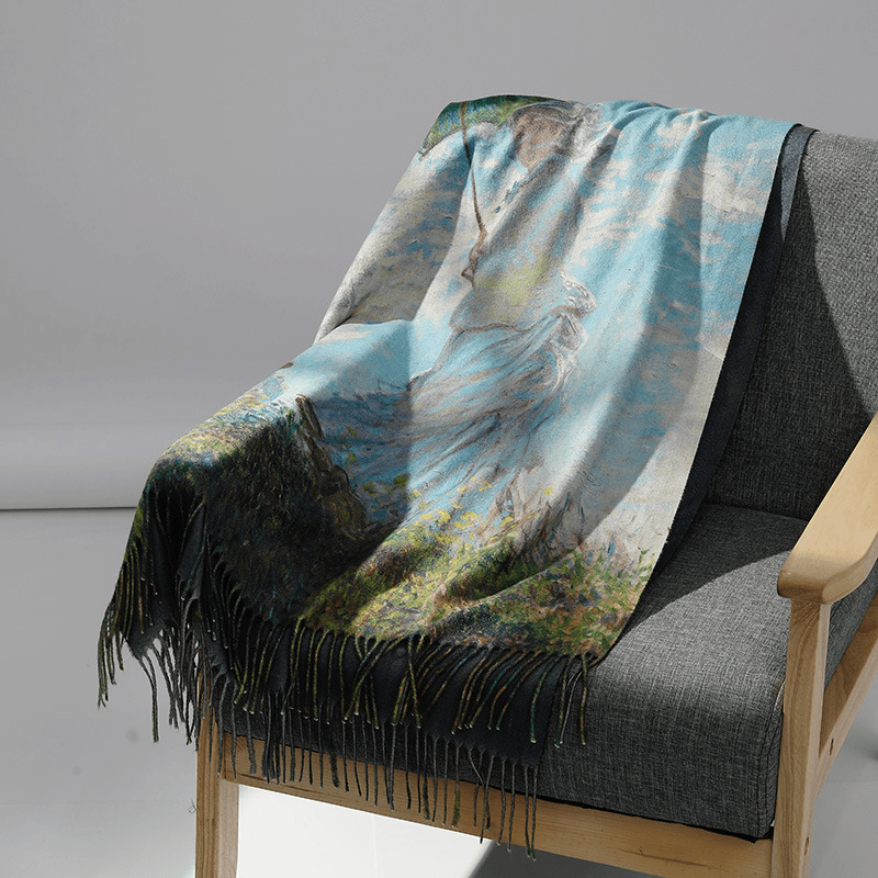 fringed long cashmere scarf with oil painting print - MRSLM