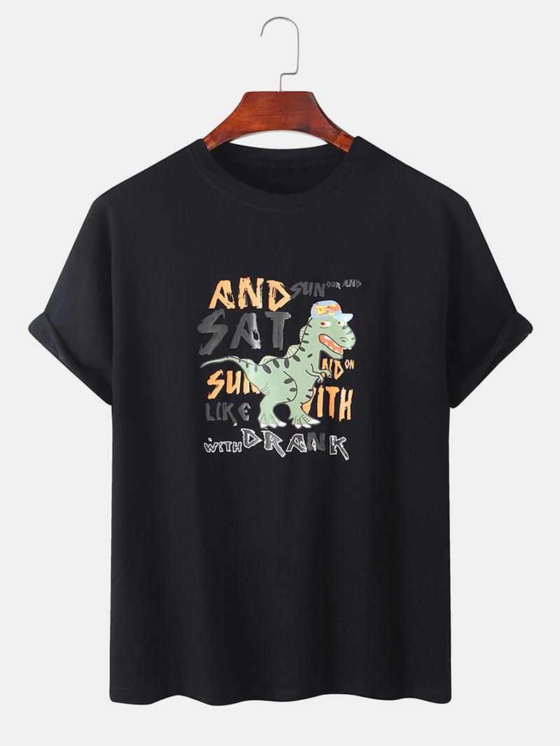 Mens Funny Cartoon Dinosaur Letter Print Short Sleeve Loose T-Shirts - MRSLM