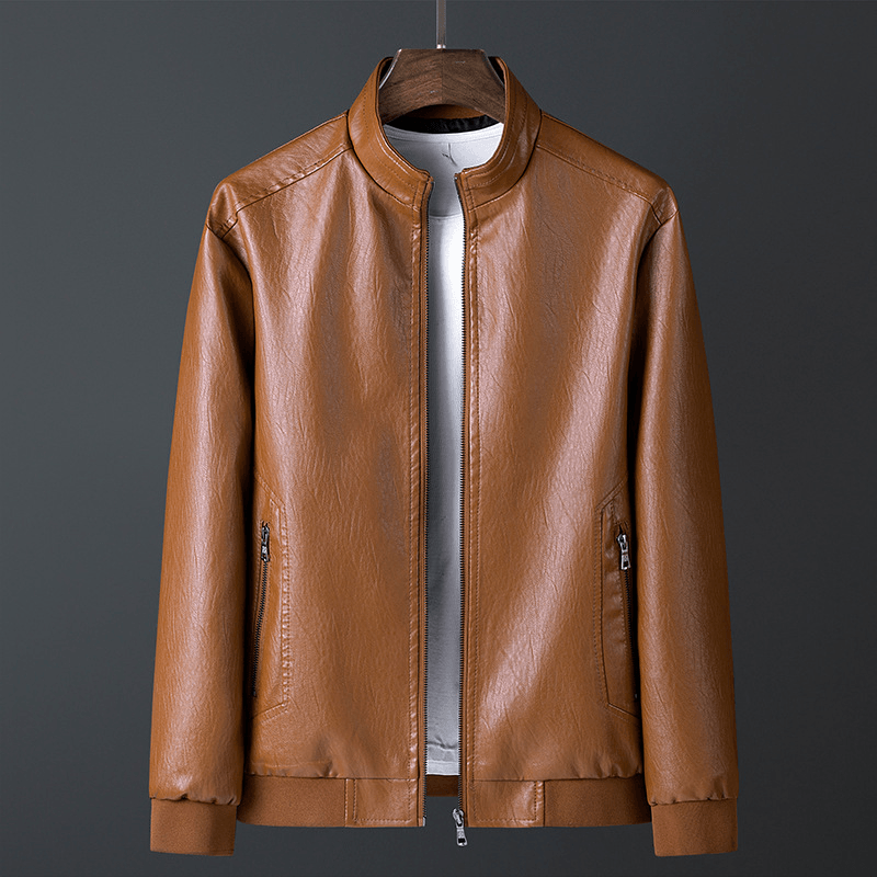 slim stand collar faux leather jacket - MRSLM