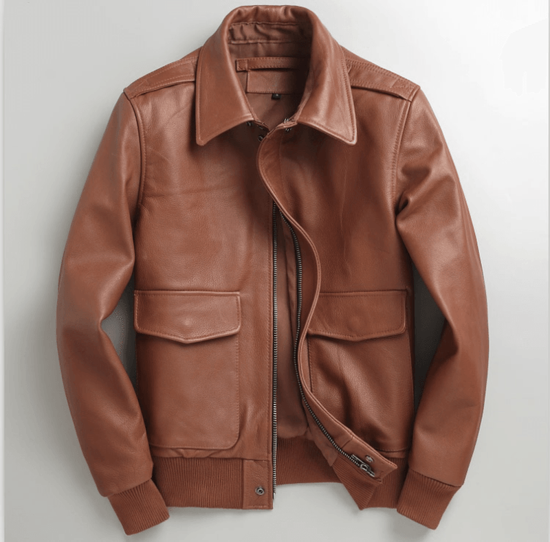 Men's short slim-fit cowhide leather jacket - MRSLM