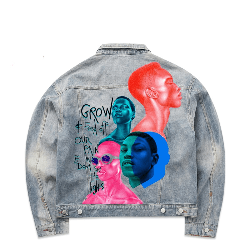 graffiti print denim jacket, view 2 - MRSLM