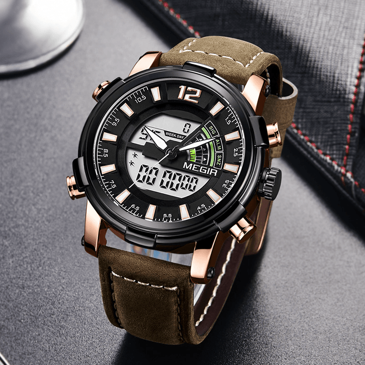 MEGIR 2089 Military Sport Style LED Chronograph Luminous Dual Display Digital Watch Leather Men Wrist Watch - MRSLM