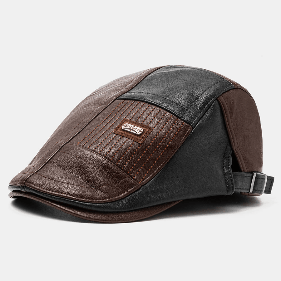 Collrown Men PU Leather Patchwork Color Casual Vintage Adjustable Forward Hat Beret Hat - MRSLM