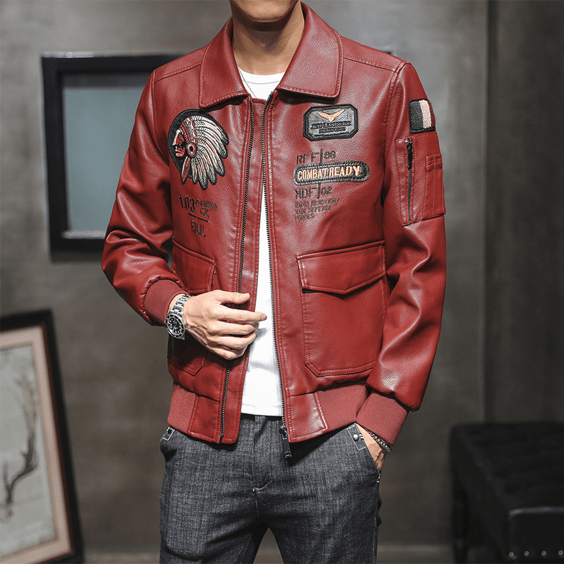 Men's PU leather embroidered motorcycle jacket, view 2 - MRSLM