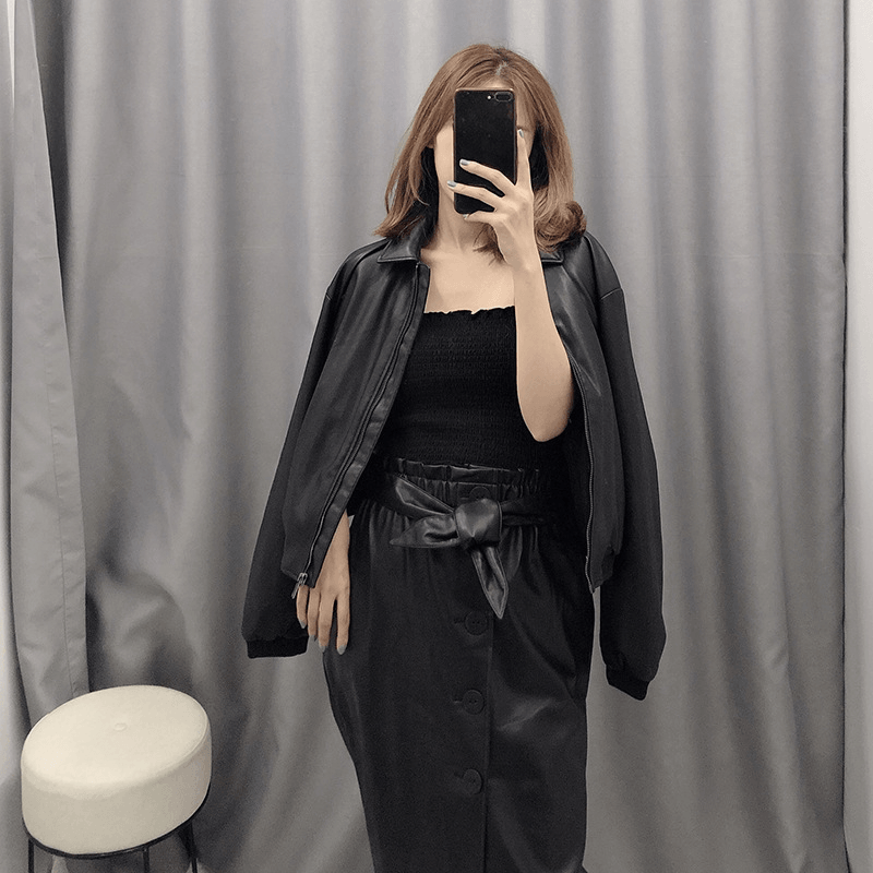 Women's short black PU leather jacket - MRSLM