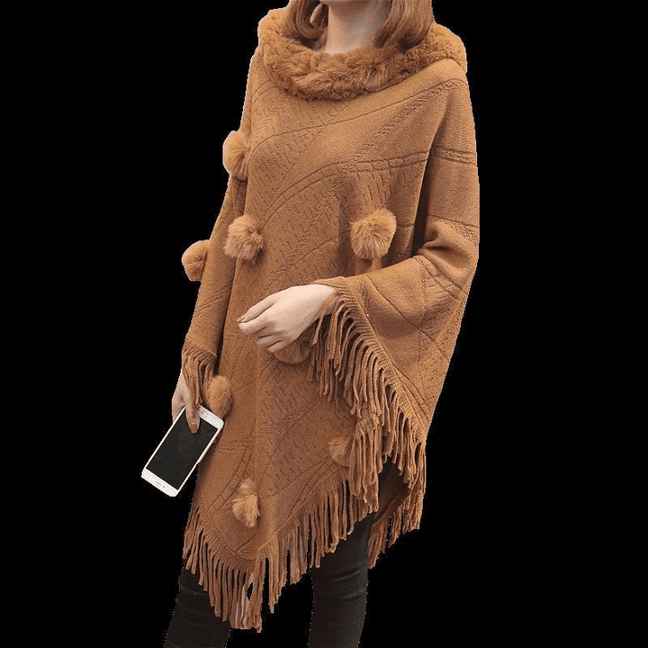 Loose Outer Wear Fur Collar Bat Shirt with Hand-Woven Tassels - MRSLM