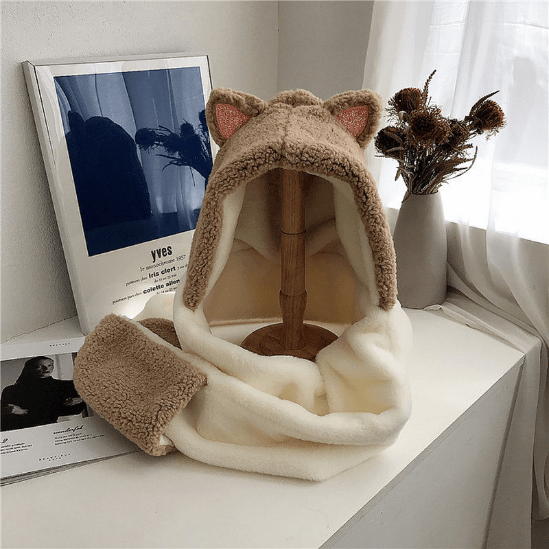 cat ears plush hat earmuff and glove set, view 4 - MRSLM