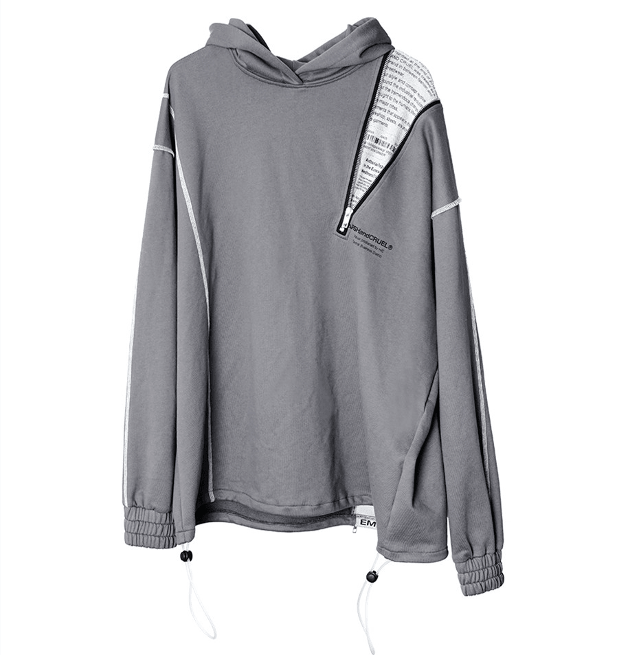 Asymmetrical Zipper Reverse Process Printing Loose Hooded Sweatshirt - MRSLM