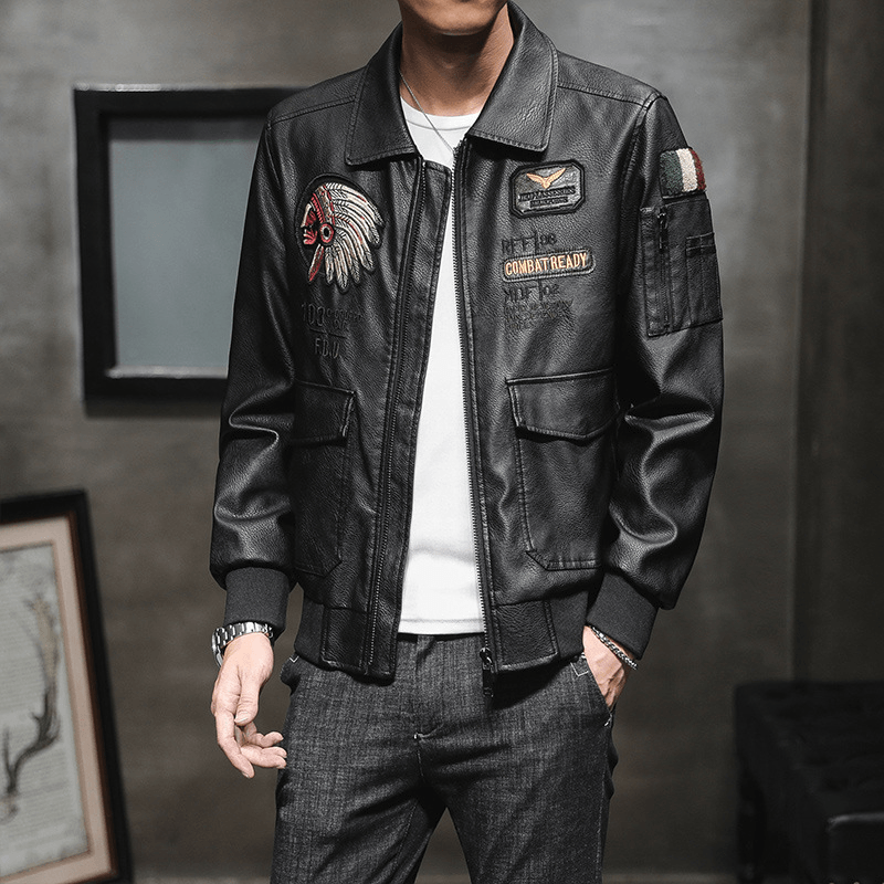Men's PU leather embroidered motorcycle jacket, view 5 - MRSLM