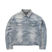 graffiti print denim jacket, view 3 - MRSLM