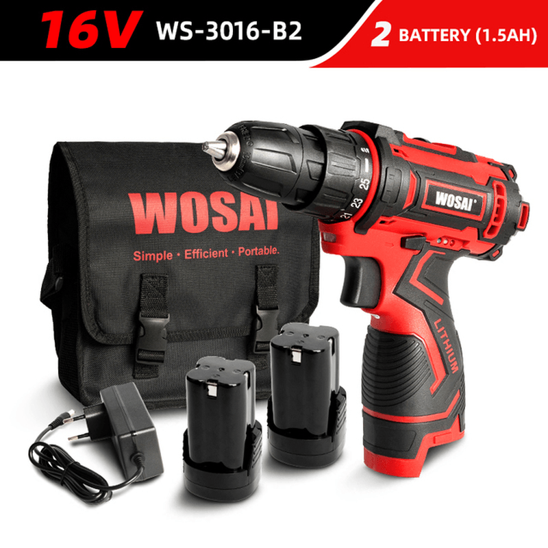 WOSAI 16V Cordless Drill Electric Screwdriver 3/8 Inch Mini Wireless Power Driver DC Lithium-Ion Battery - MRSLM