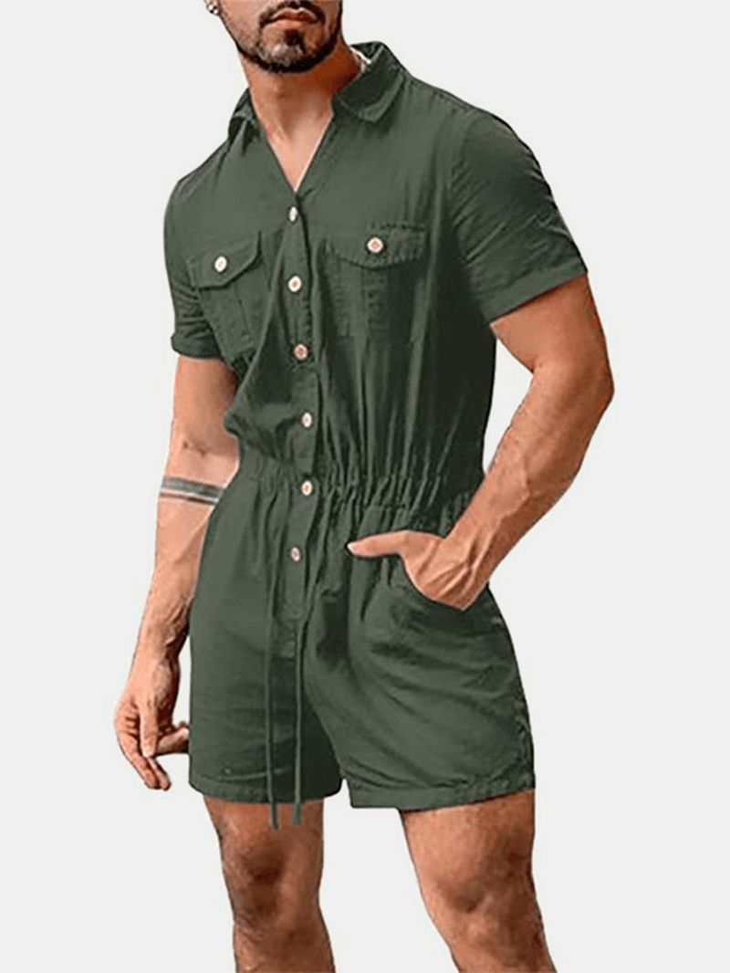 Mens Cotton Solid Color Multi Pocket Casual Short Sleeve Shorts Jumpsuits - MRSLM