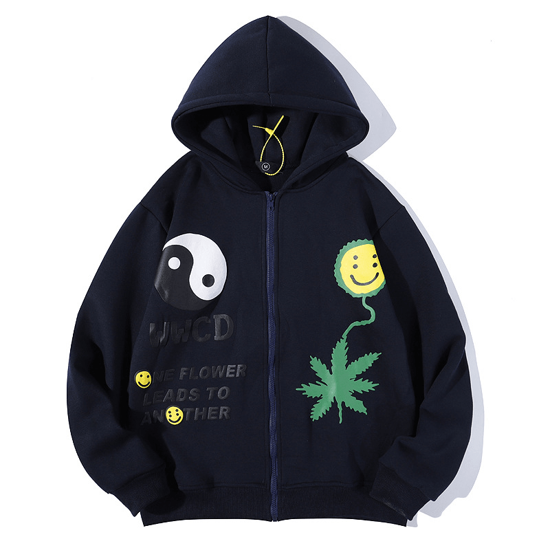 Three-Dimensional Hemp Leaf Cardigan Zipper Hooded Sweater