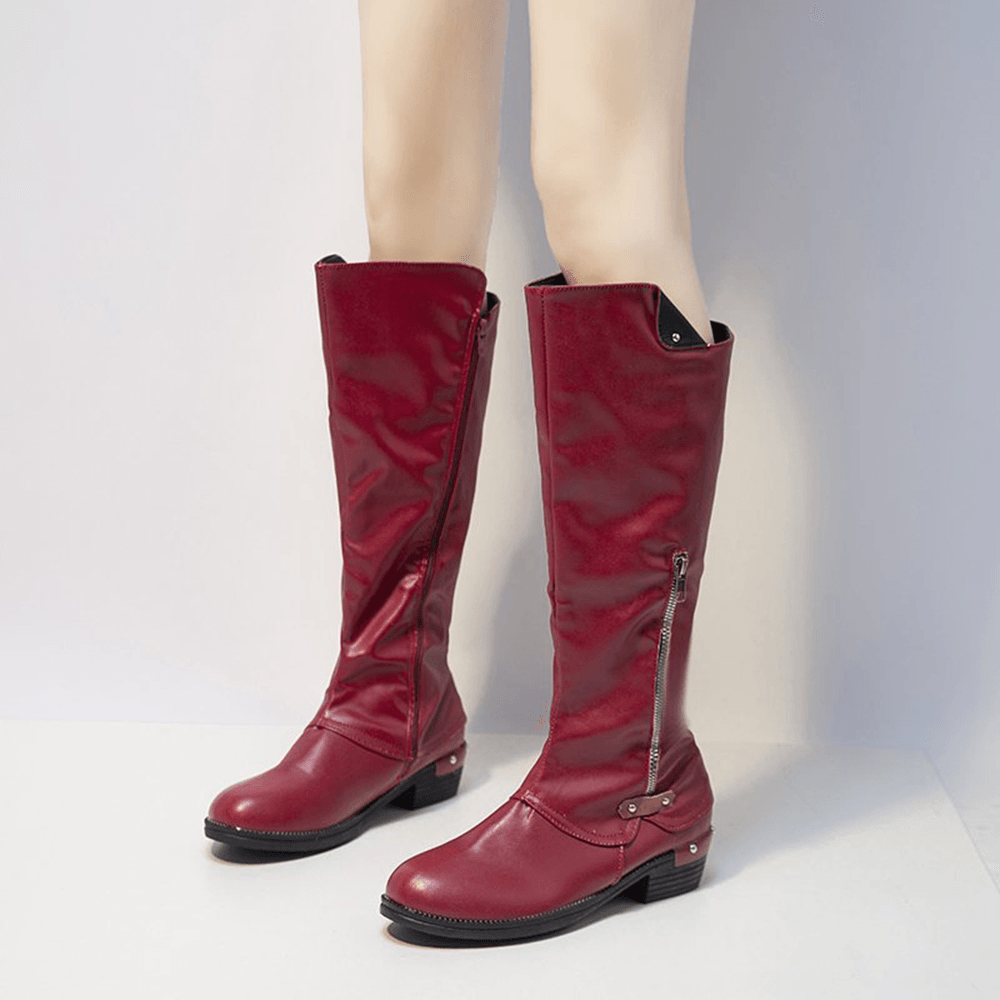Plus Size Women round Toe Side Zipper Low Heel Knee Boots - MRSLM
