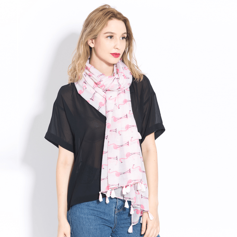 Long cotton flamingo print scarf, view 5 - MRSLM