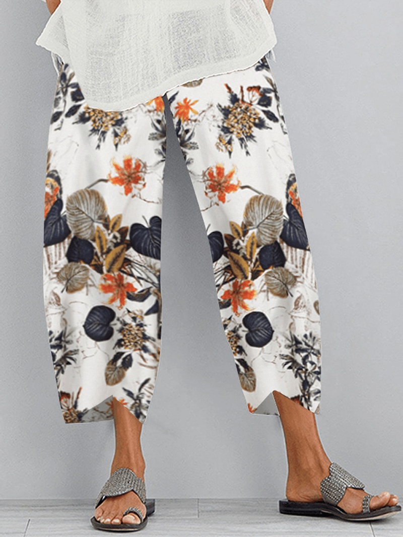 Retro Floral Print Elastic Waist Irregular Hem Pocket Casual Pants for Women - MRSLM