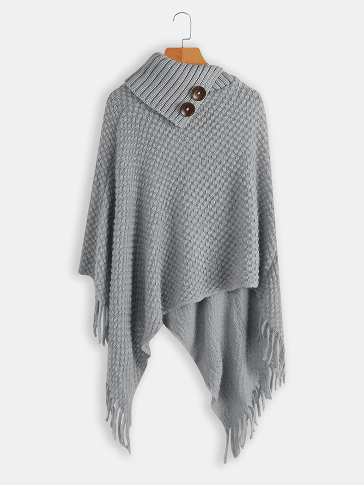 Women Solid Button Irregular Hem Shawl Tassel Sweaters - MRSLM