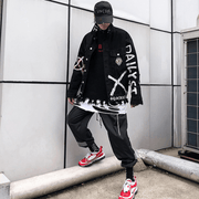 Men's black printed denim jacket, view 3 - MRSLM