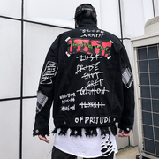 Men's black printed denim jacket, view 4 - MRSLM
