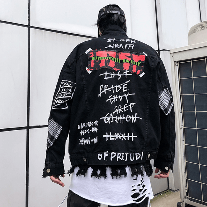 Men's black printed denim jacket, view 4 - MRSLM