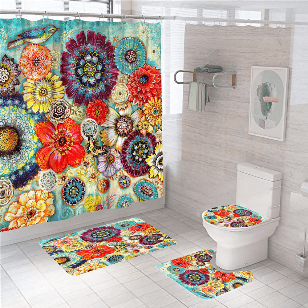 180Cmx180Cm Colorful Flowers Shower Curtain Set Durable Waterproof Shower Mat Set - MRSLM