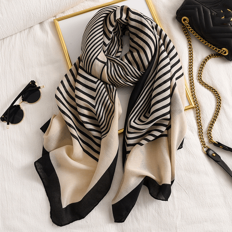 Women's striped cotton-linen feel scarf, view 2 - MRSLM