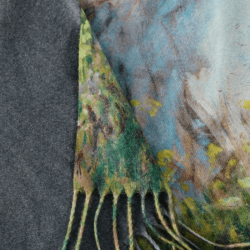 fringed long cashmere scarf with oil painting print, view 12 - MRSLM