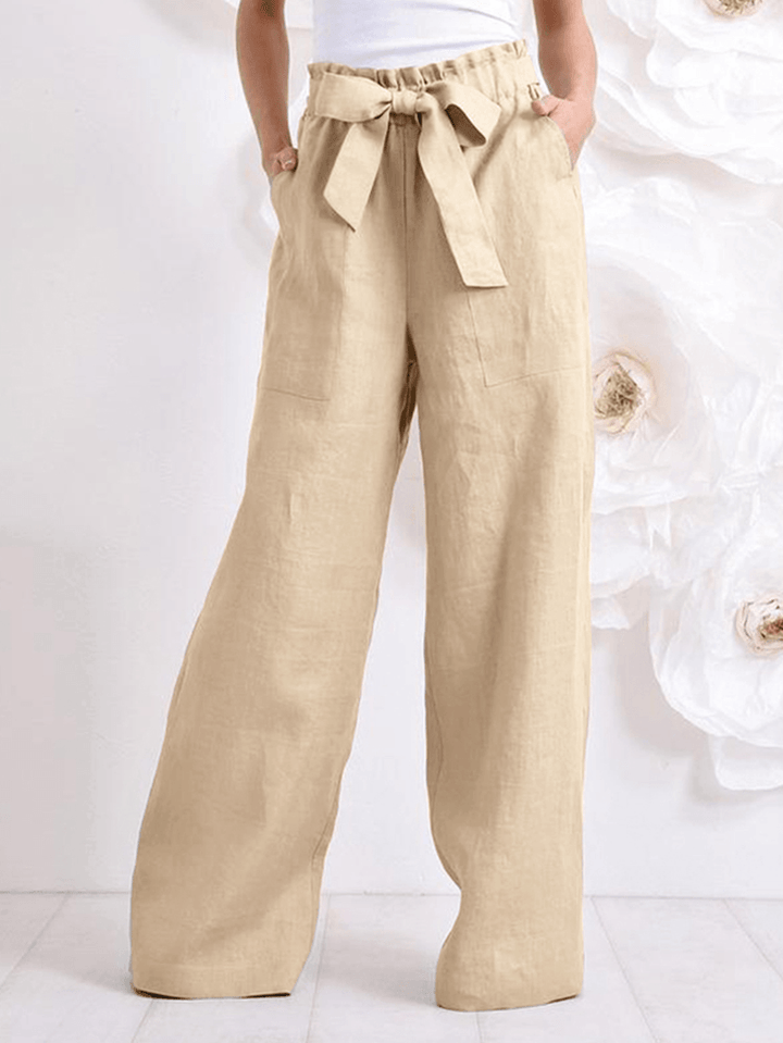 Women Cotton High Drawstring Elastic Waist Loose Solid Wide Leg Pants - MRSLM