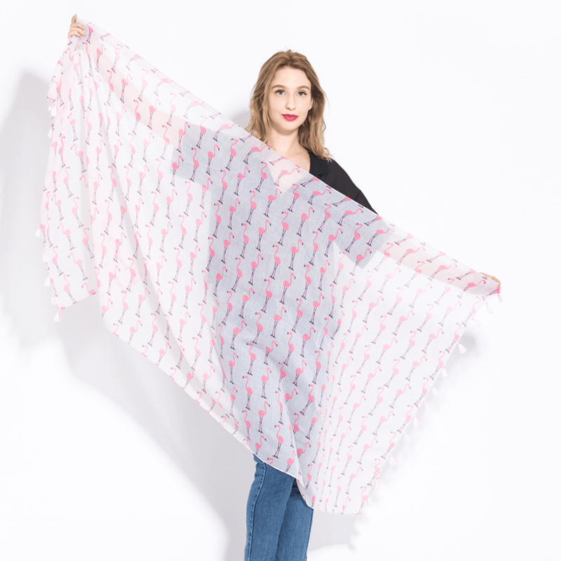 Long cotton flamingo print scarf, view 4 - MRSLM