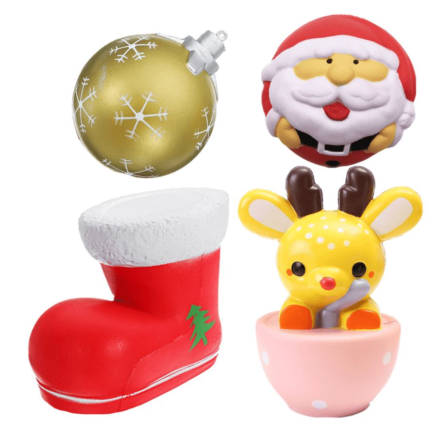 4PCS Christmas Gift Squishy Teacup Deer 14CM Santa Claus 7CM Snow Boot 11CM Gold Ball 9CM - MRSLM