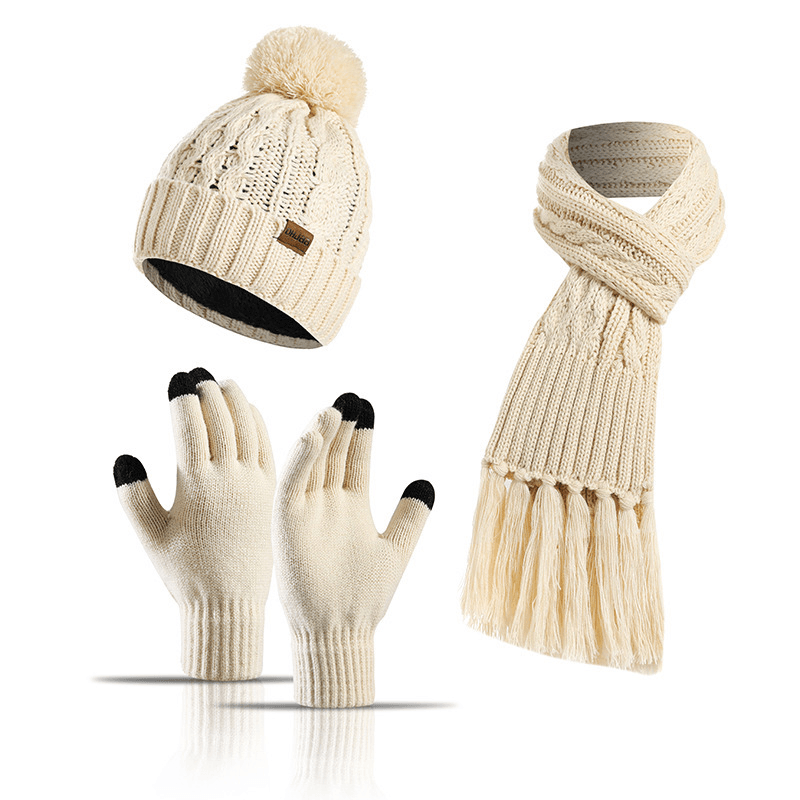 Three-Piece Hat Thick Scarf Touch Screen Gloves